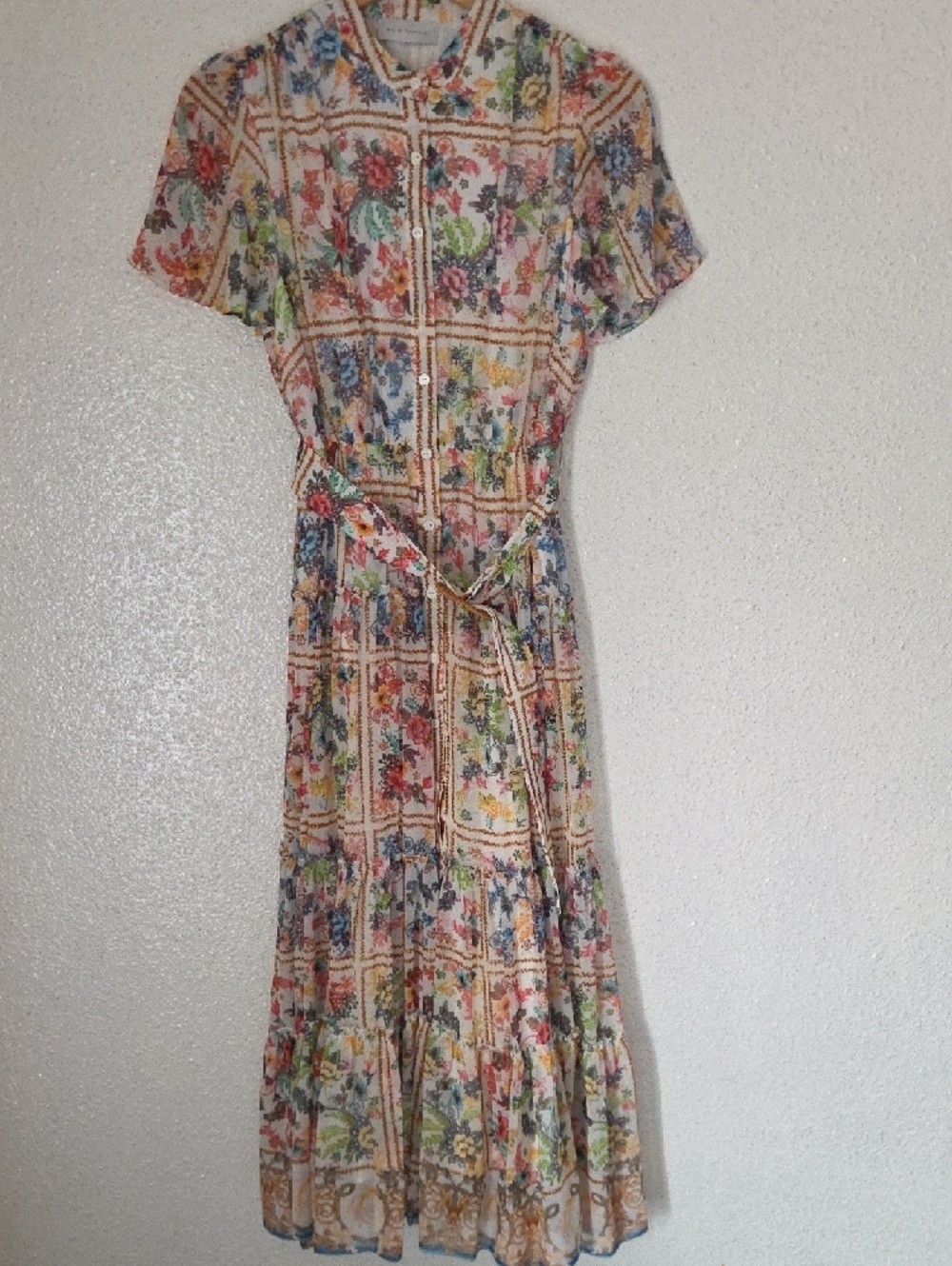 Elie Tahari Cream Multi Floral Midi Dress with Belted Waist - Picture 4 of 6